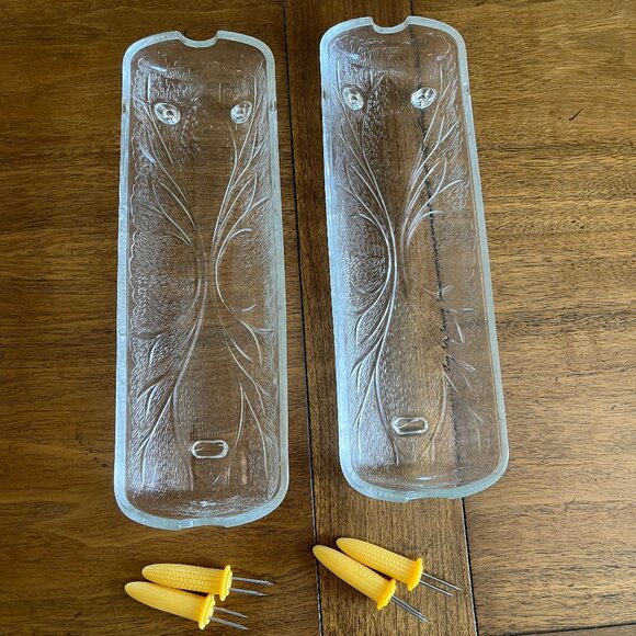 Set of 2 Vintage Heavy Clear Glass Corn on the Cob Dishes with Holders - Picture 1 of 5